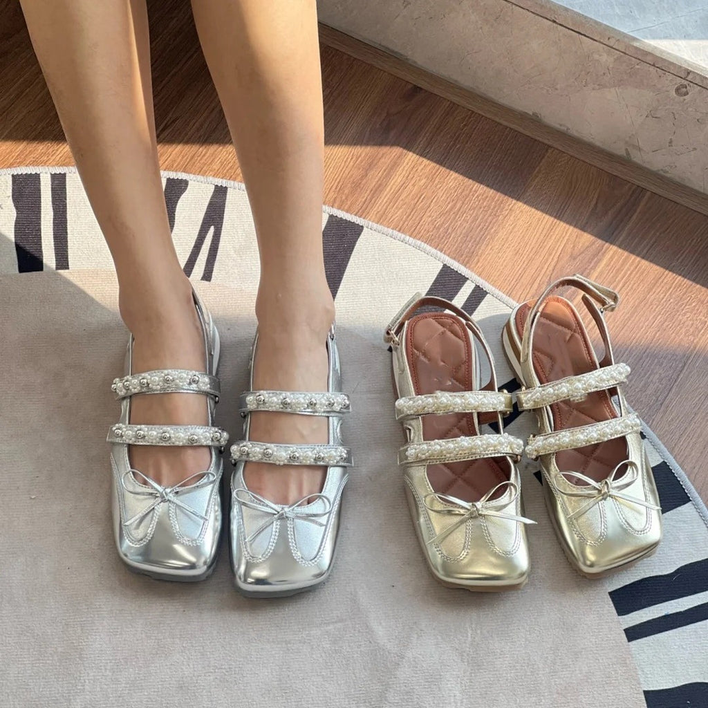 Damen elegante Ballerinas mit quadratischer Zehenform und Perlenverzierungen WW