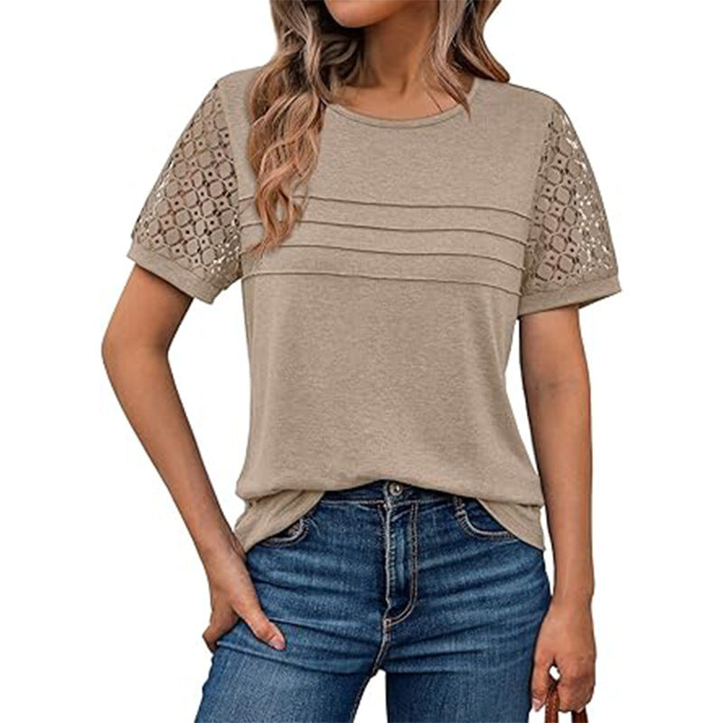 Damen Curvy T-Shirt mit luftigen Spitzeneinsätzen und modischen Rippdetails WW