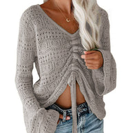 Damen angesagter V-Ausschnitt Pullover mit Raffung WW