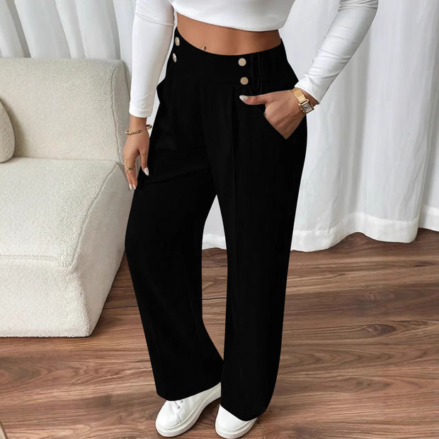 Damen weite High-Waist Hose mit eleganten Knopfdetails WW