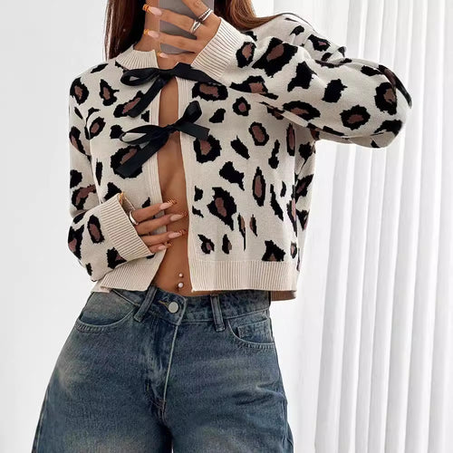 Damen Stilvolle Leopardenstrickjacke mit Bindebändern WW