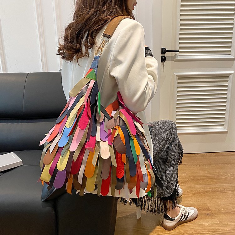 Damen Bunte Fransen Hobo Tasche W&W Mode