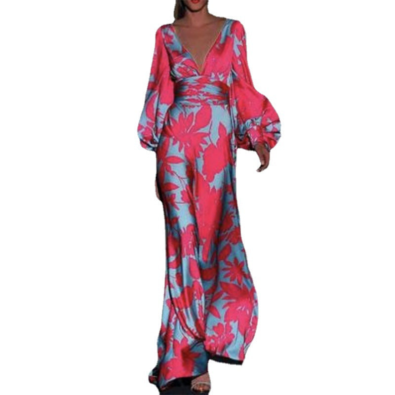 Damen Elegantes Maxi-Jumpsuit mit floralen Mustern und tiefem V-Ausschnitt WW
