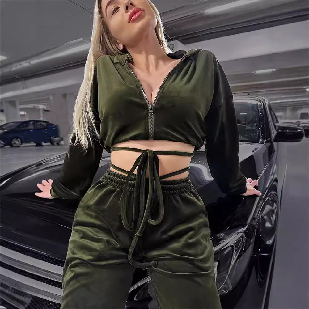 Damen sportlicher Cropped Fleece-Jogginganzug mit Reißverschluss und praktischen Taschen WW