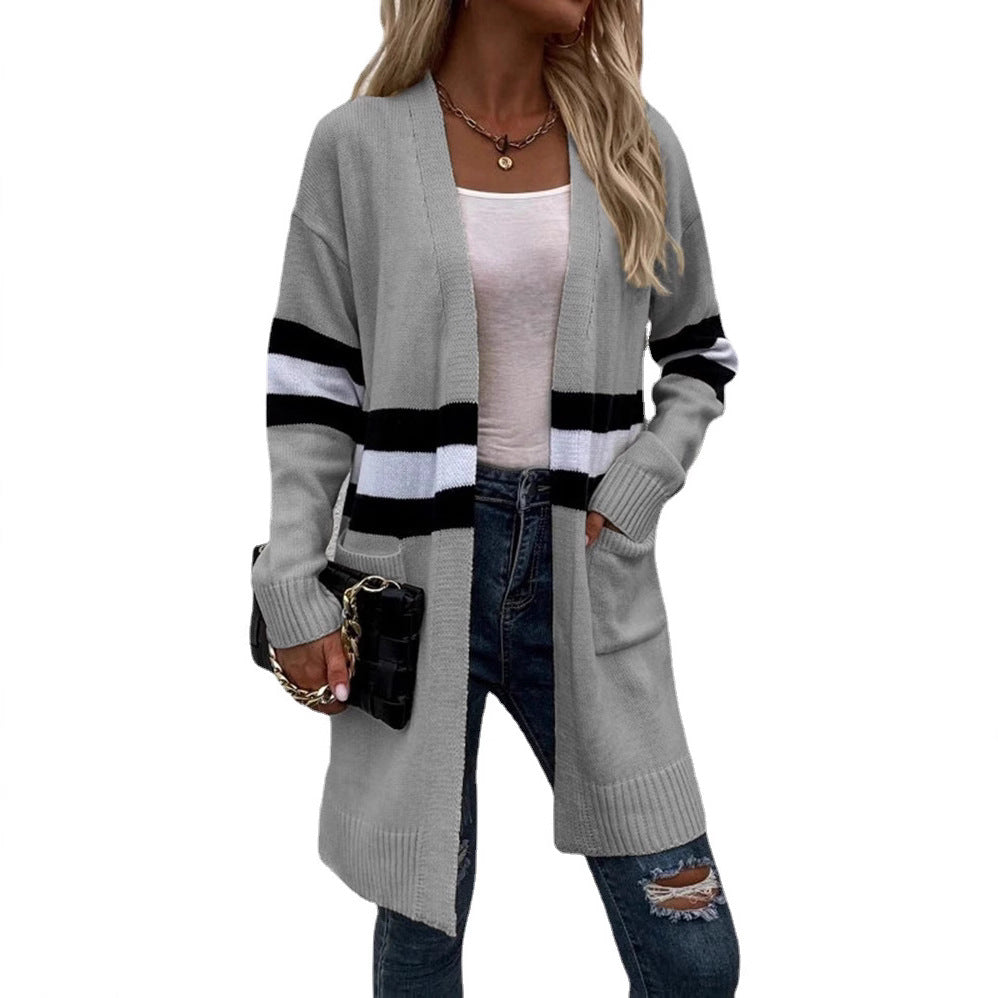 Damen Strickcardigan mit modischem Streifendesign und offenen Vorderteilen WW