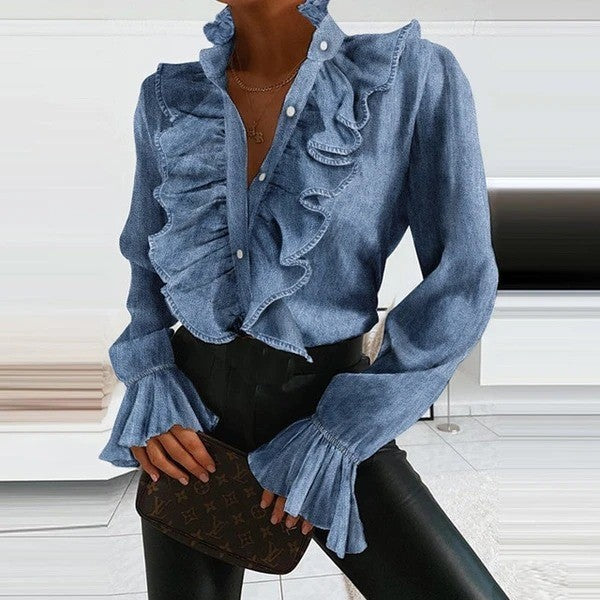 WW | Denim Bluse Mit Langen Ärmeln Und Rüschen Für Damen