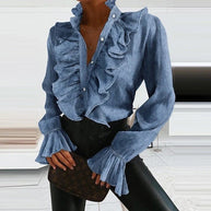 WW | Denim Bluse Mit Langen Ärmeln Und Rüschen Für Damen