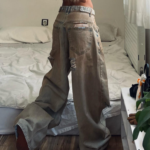 Damen Baggy Jeans mit ausgefranstem Saum und used Look WW