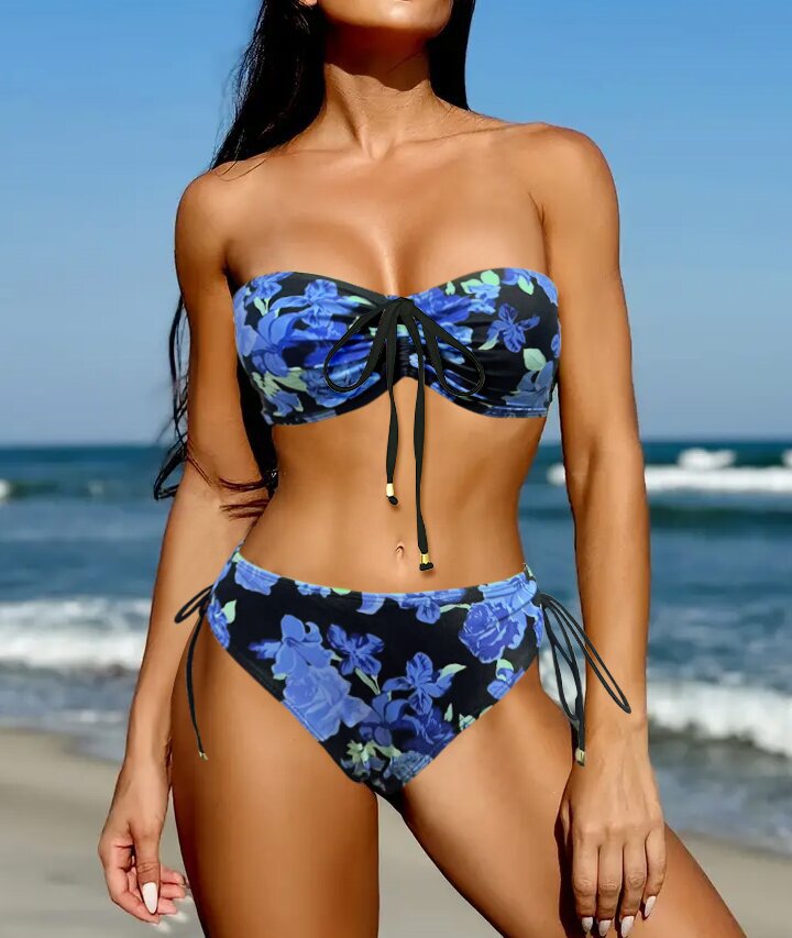 Damen Bandeau-Bikini mit verstellbaren Trägern und animalischem Muster WW