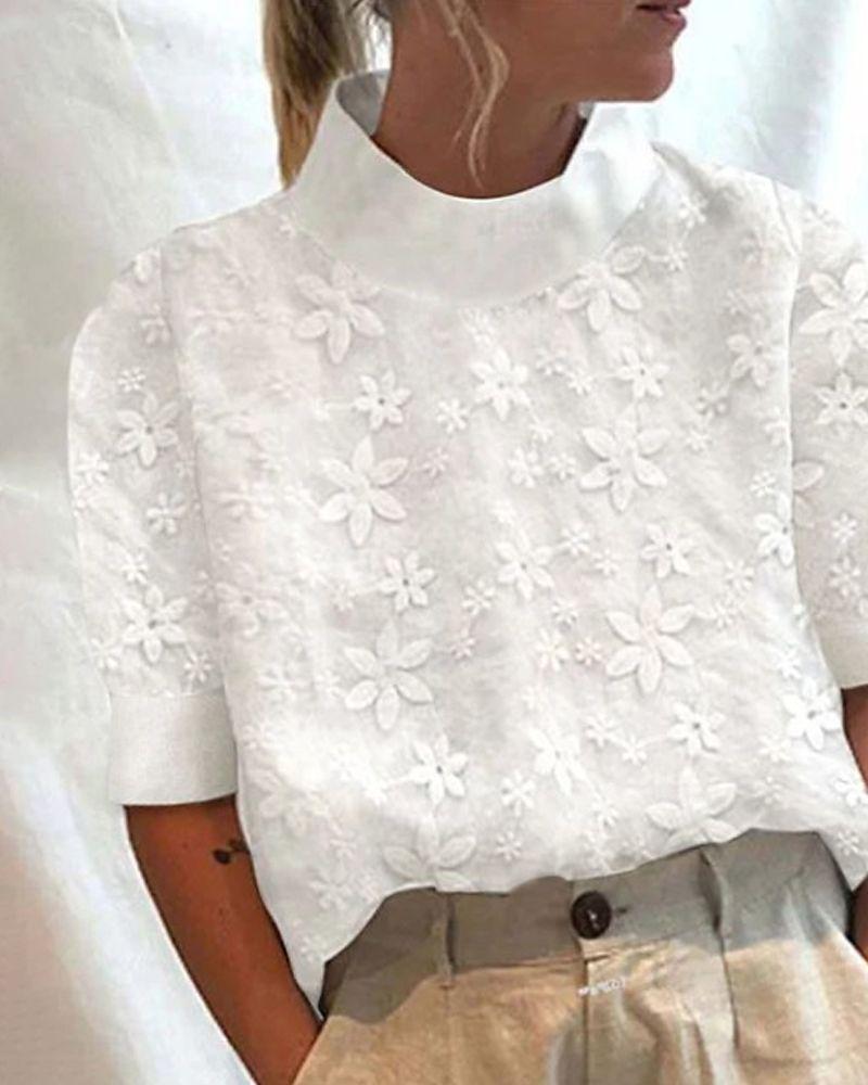 Damen nan leichte bestickte Bluse mit Stehkragen und dreidimensionaler Blütenapplikation W&W Mode