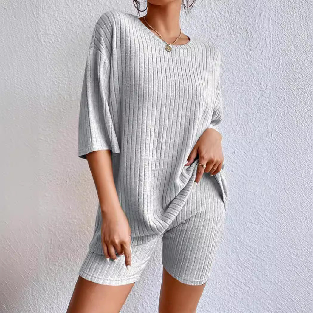 Damen komfortables Kurzarm Set mit Rippstrick und relaxed Schnitt WW