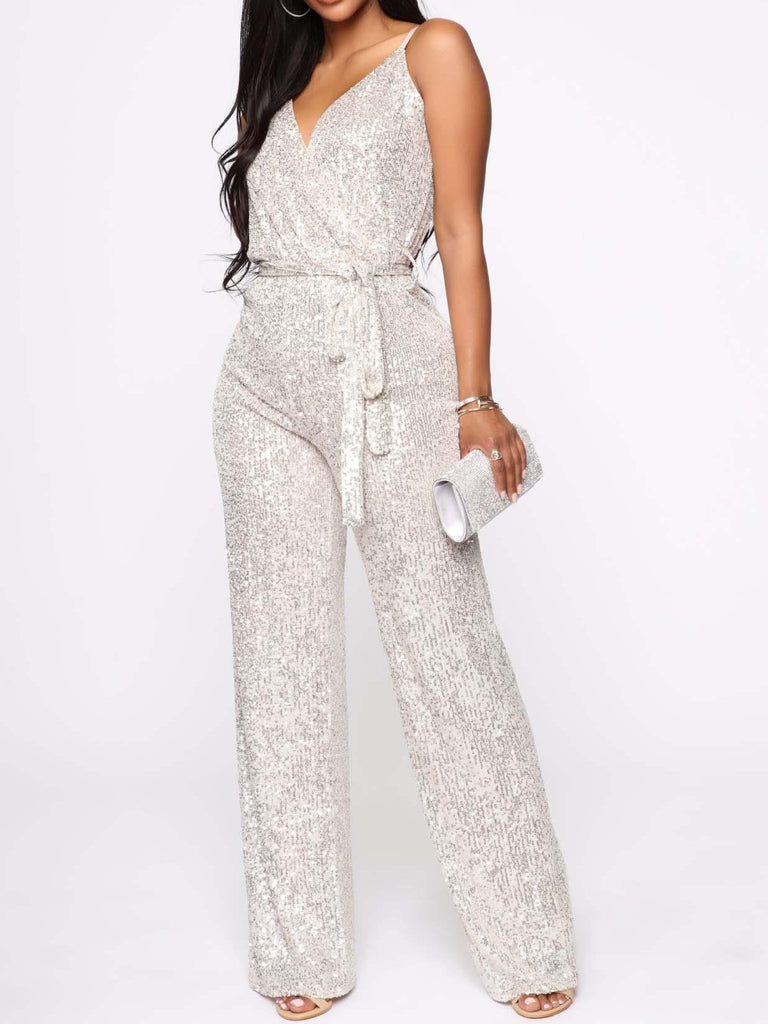 WW | Spaghetti Träger V-Ausschnitt Gürtel Pailletten Jumpsuit