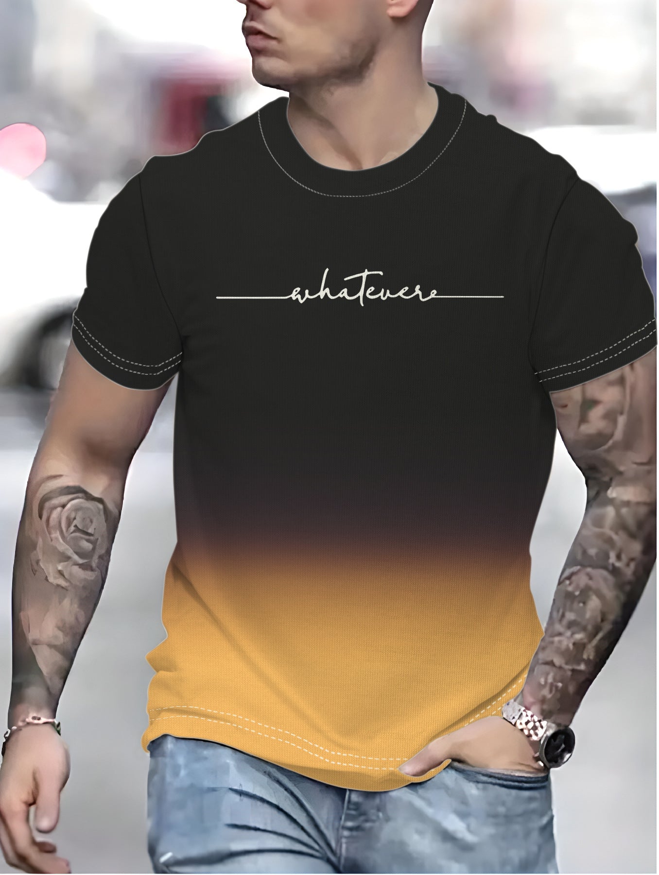 Herren T-Shirt mit kreativem Schriftzug und modernem Farbverlauf WW