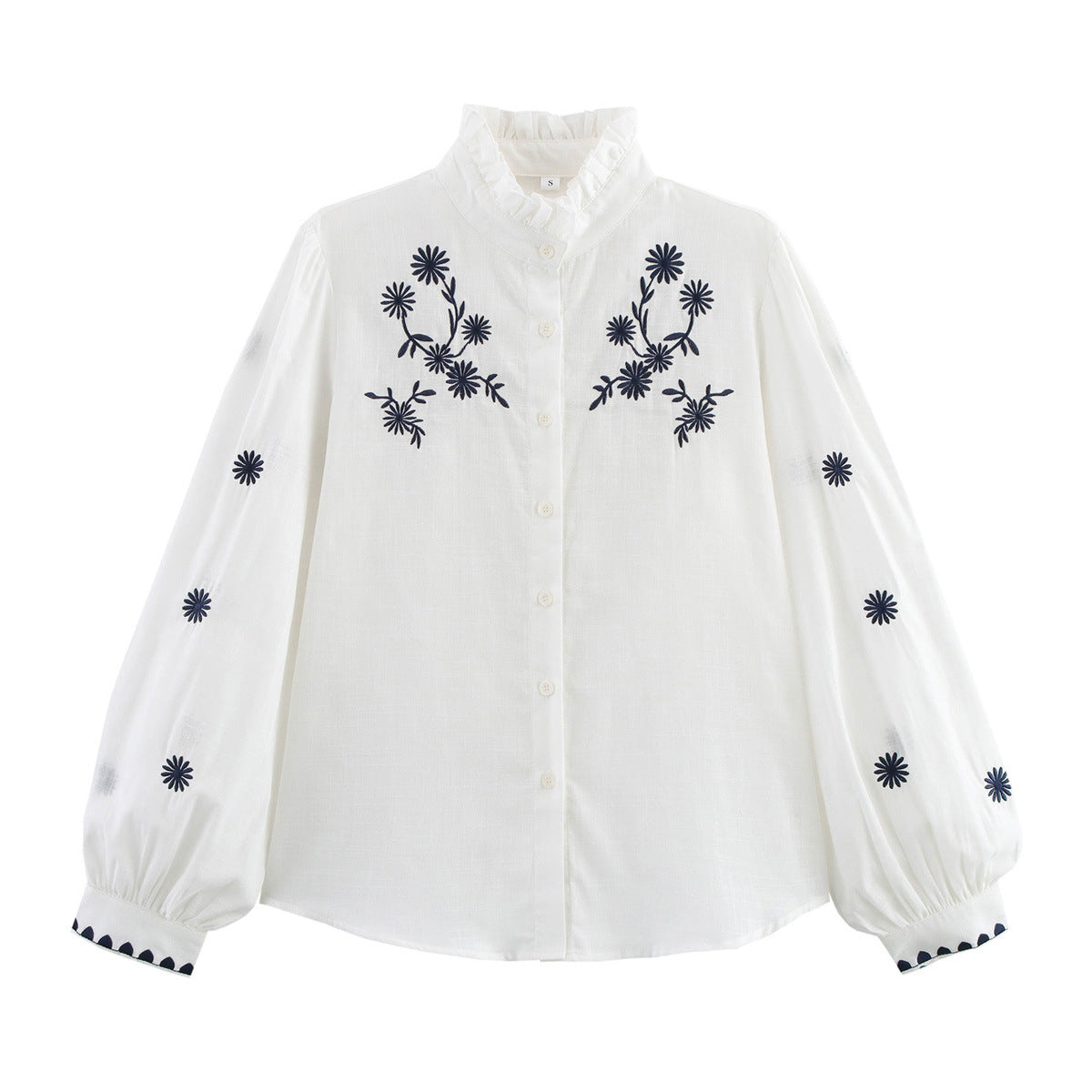 Damen Bestickte Bluse mit Stehkragen und langen Ärmeln WW