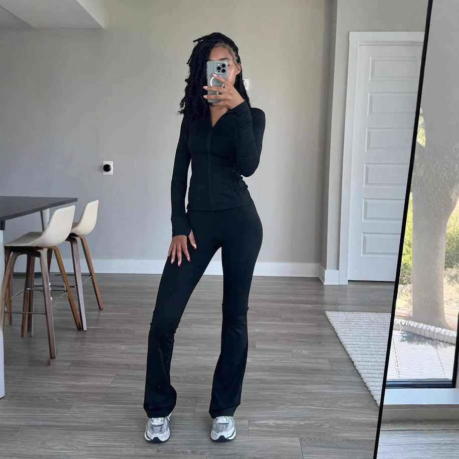 Damen Sportliches Freizeit-Loungewear-Set mit enganliegendem Langarmoberteil und hoher Taille WW