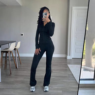 Damen Sportliches Freizeit-Loungewear-Set mit enganliegendem Langarmoberteil und hoher Taille WW