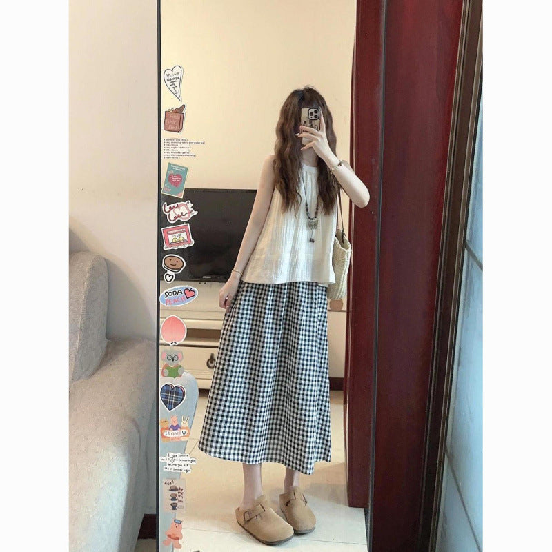 Damen Gingham Midi Rock mit fließender Silhouette WW