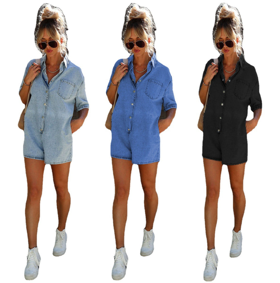 Damen Denim Playsuit mit lässigem Kurzarmdesign und praktischen Taschen WW