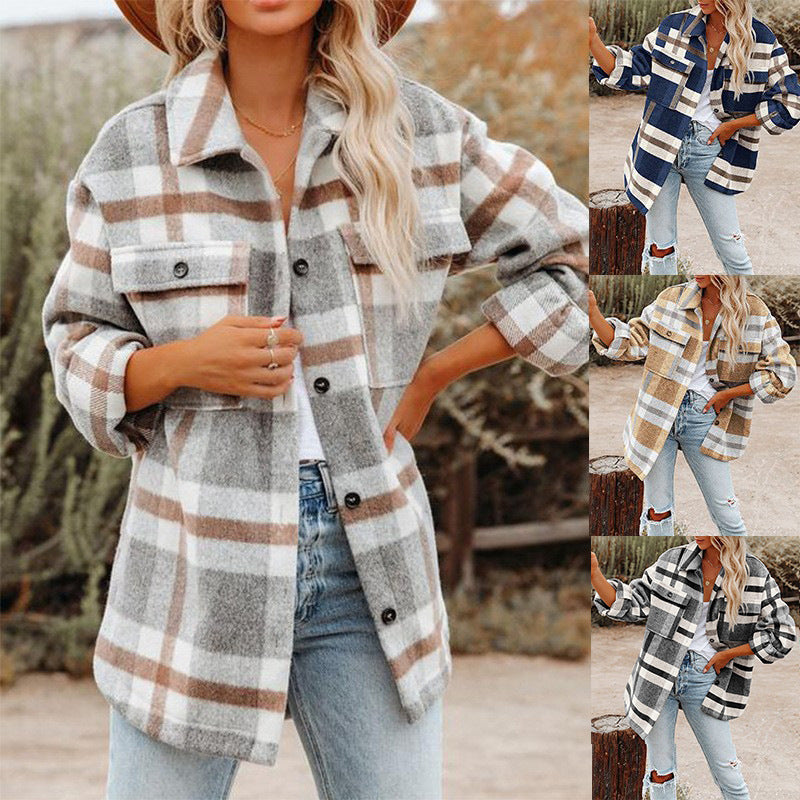 Damen karierte Flanelljacke mit lässigem Schnitt und aufgesetzten Taschen WW