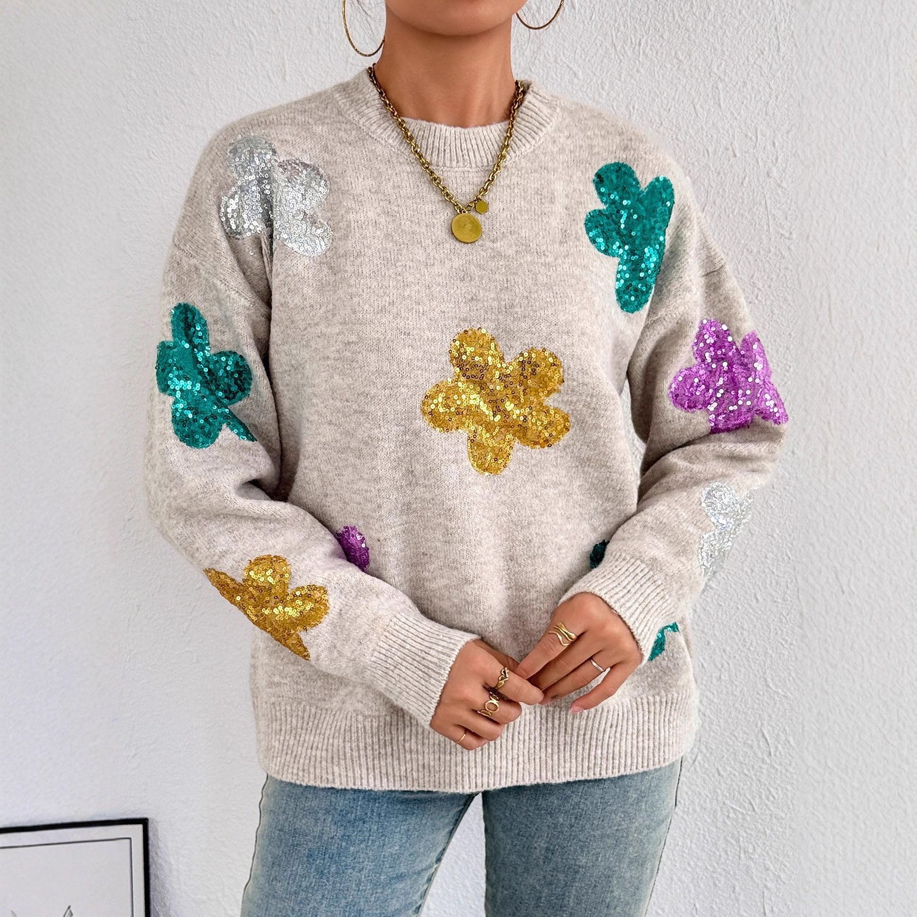 Damen Strickpullover mit glitzernden Blütenapplikationen WW