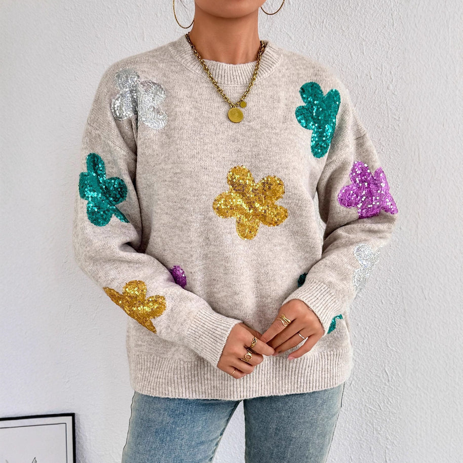 Damen Strickpullover mit glitzernden Blütenapplikationen WW