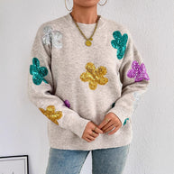 Damen Strickpullover mit glitzernden Blütenapplikationen WW