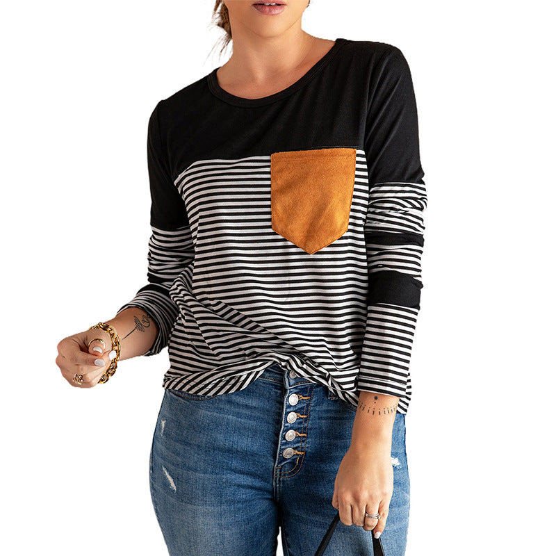 Damen gestreiftes Longsleeve-Oberteil mit hervorgehobenem Brusttaschen-Design WW