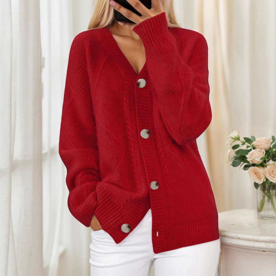 Damen Strickjacke mit geflochtenem Muster und eleganter Knopfdetail WW