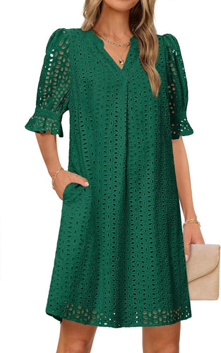 Damen luftiges Sommerkleid mit romantischem Lochmuster und praktischen Taschen W&W Mode