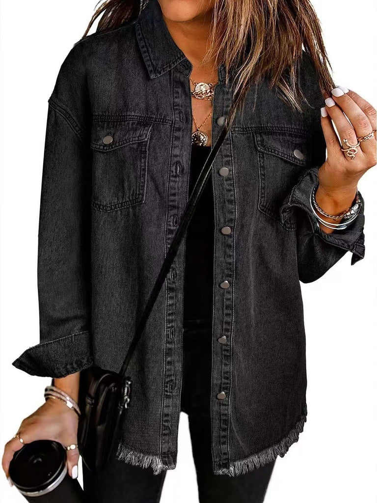 Damen Oversized Jeanshemd mit Fransen WW
