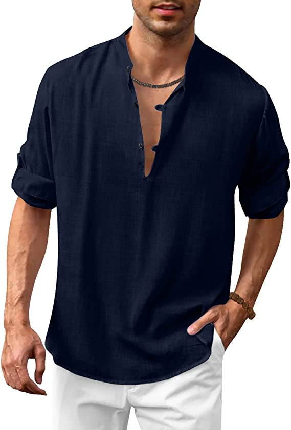 Herren Casual Leinenhemd mit modischem V-Ausschnitt und funktionalen Knopfdetails WW