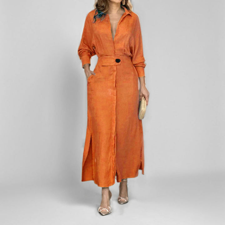 Damen Hemdblusenkleid mit tiefem V-Ausschnitt und eleganter Knopfdetail W&W Mode