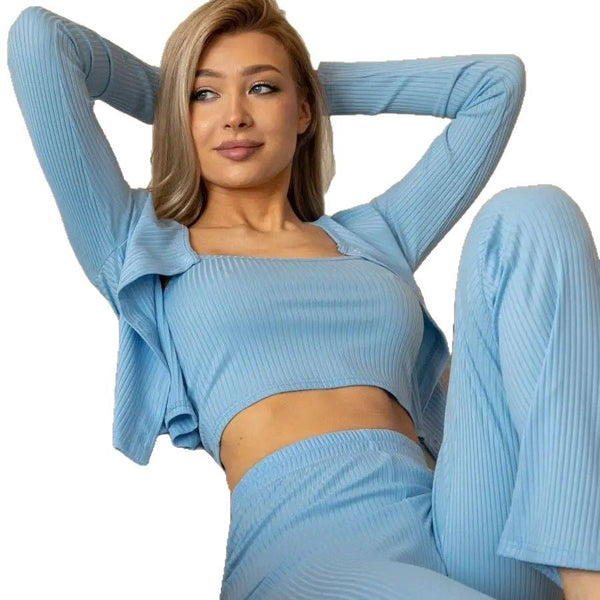 WOLFF | Strick-Pyjama-Oberteil Lange Hose Freizeitanzug Set