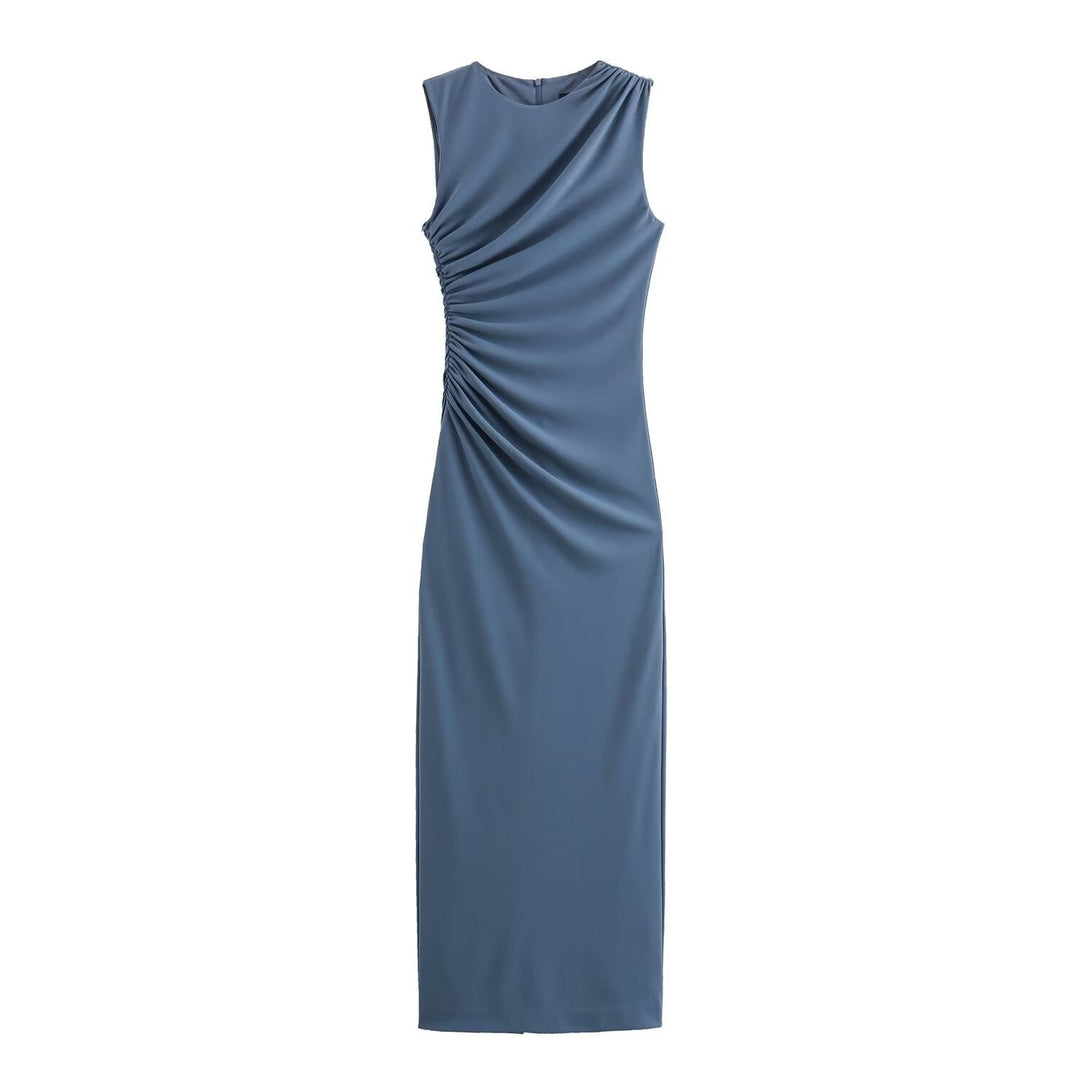 W&W Mode | Einfarbiges Rundhalsausschnitt Ärmelloses Faltendes Slim Fit Kleid