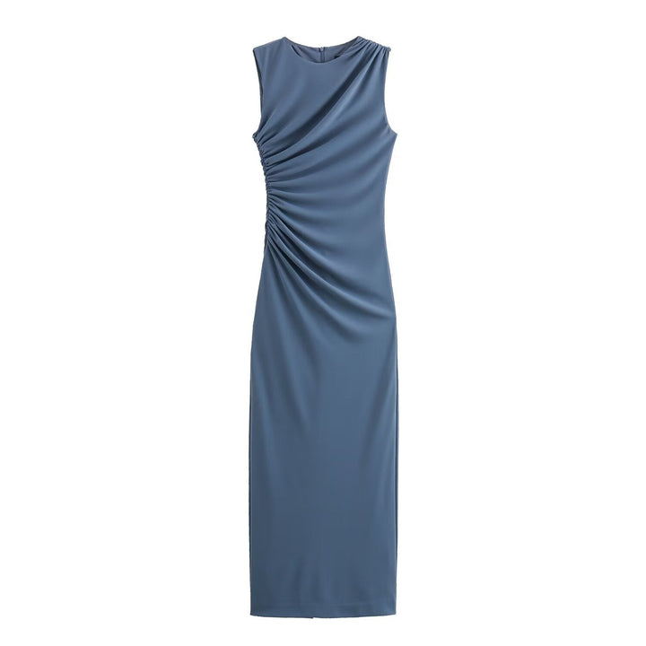 W&W Mode | Einfarbiges Rundhalsausschnitt Ärmelloses Faltendes Slim Fit Kleid