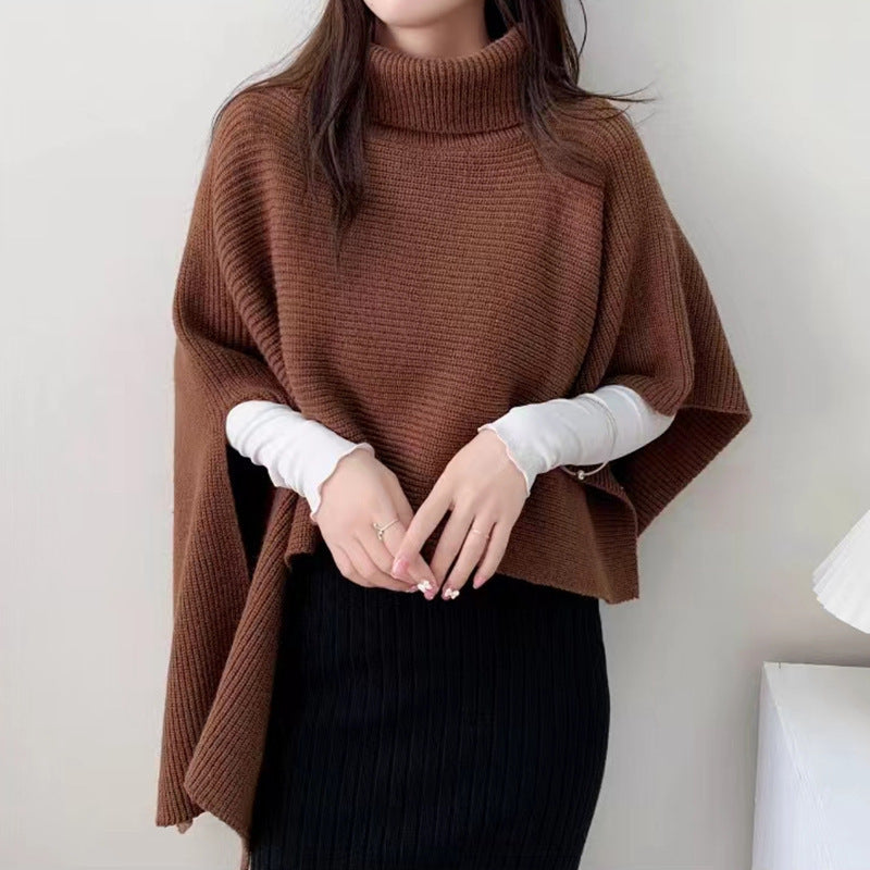 Damen Strickponcho mit hochgeschlossenem Kragen und eleganter Rippstruktur WW