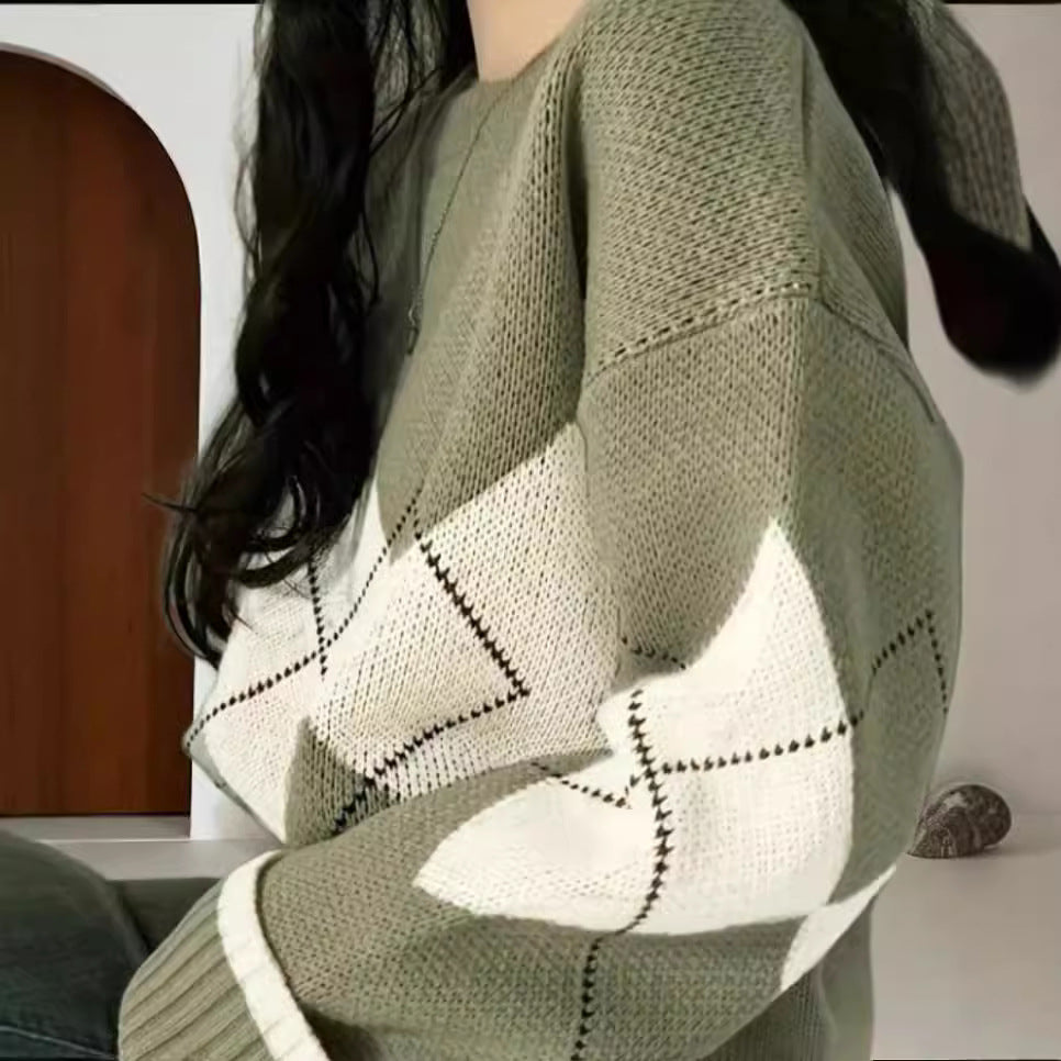 Damen Grobstrickpullover mit modernen Rautenmustern und weitem Schnitt W&W Mode