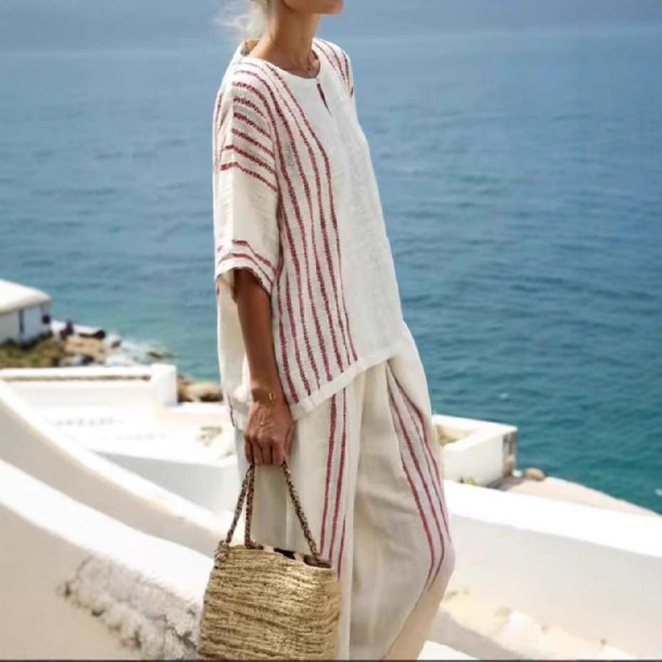 Damen leichte gestreifte Leinen Tunika und Hose Set WW