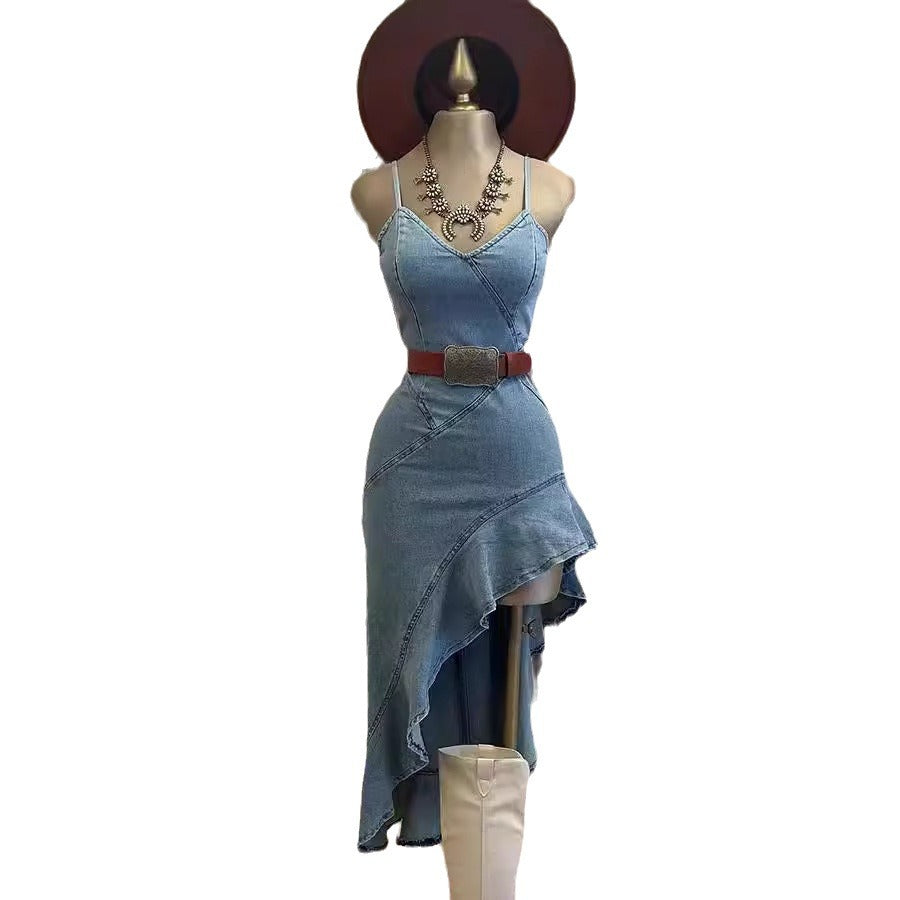 W&W Mode | Rüschensaum Denim Split Kleid