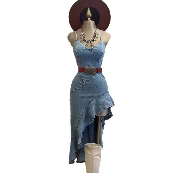 W&W Mode | Rüschensaum Denim Split Kleid