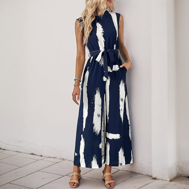 Damen Jumpsuit mit modernem Streifenmuster und praktischen Bindegürtel WW