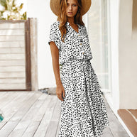 WW | Lässiger Polka Dot V-Ausschnitt Kurzarm Midi Kleid