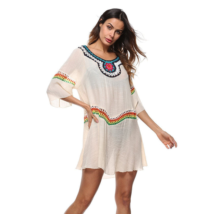 Damen Strandtunika mit bunten Stickereien und weiten Ärmeln W&W Mode