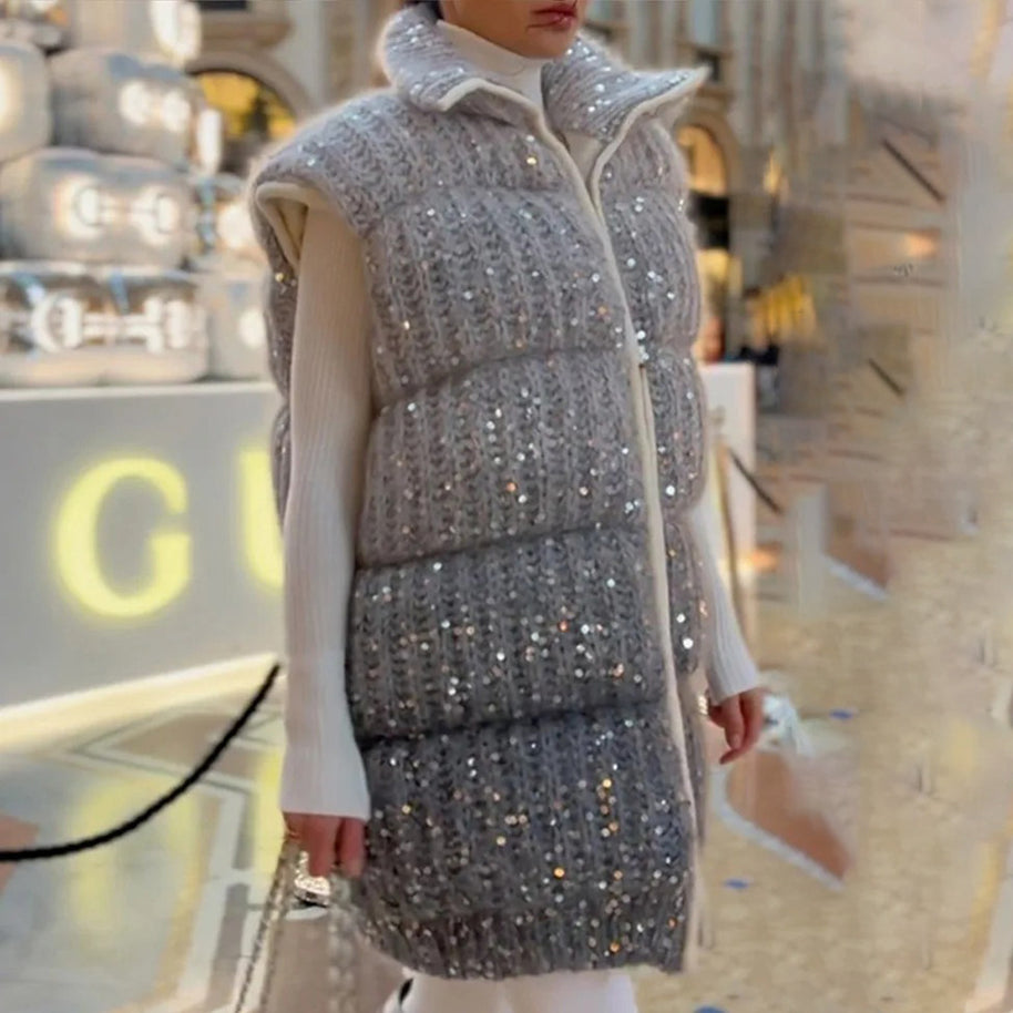 Damen Steppweste mit eleganten Pailletten-Details und hohem Kragen WW