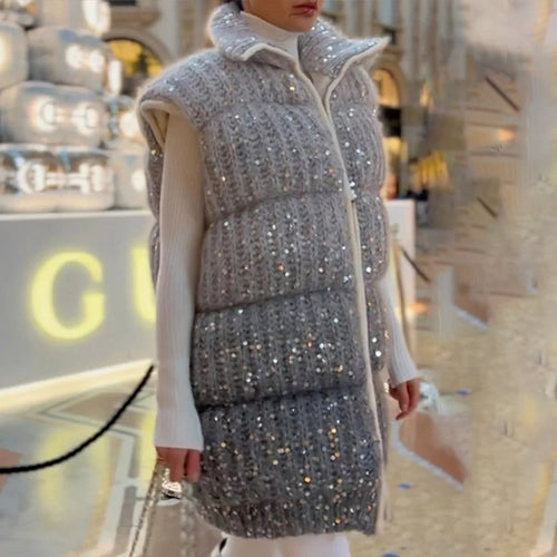 Damen Steppweste mit eleganten Pailletten-Details und hohem Kragen WW