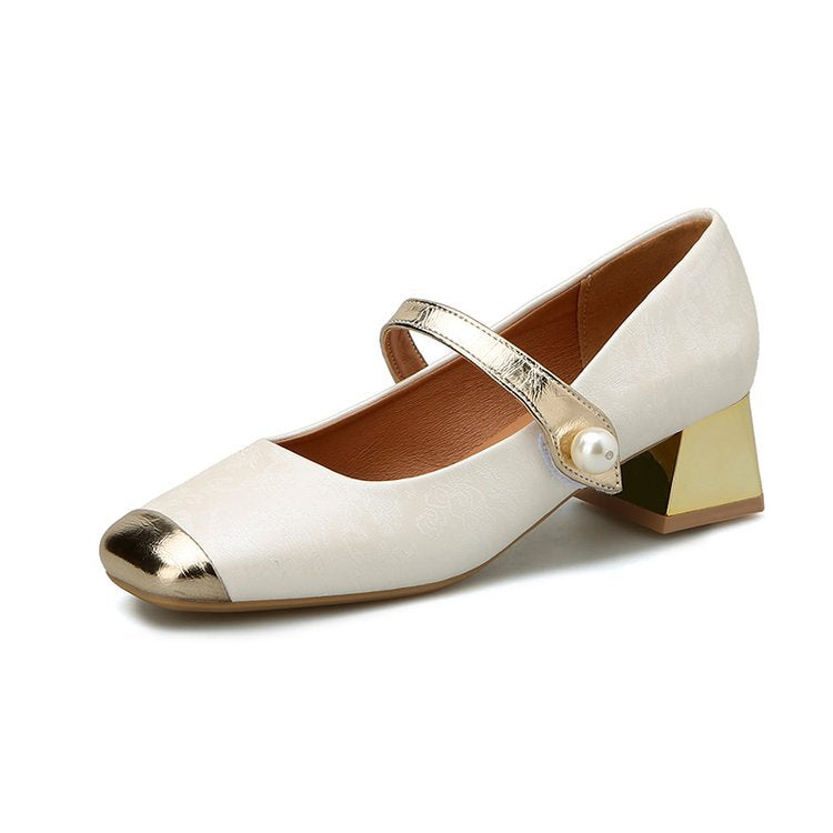 Damen Mary Jane Pumps mit glänzendem Blockabsatz und dekorativem Riemchen W&W