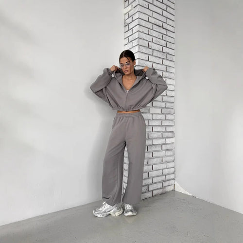 Damen sportliches und lässiges Tweed-Kapuzen-Set WW