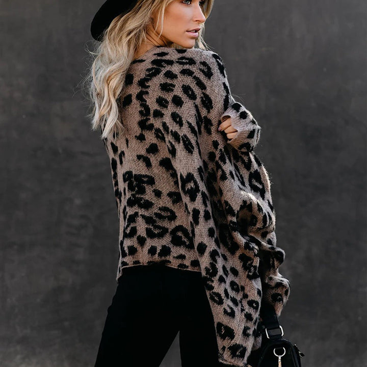Damen lässiger Strickmantel im Leopardenmuster mit bequemem Schnitt und Taschen W&W Mode