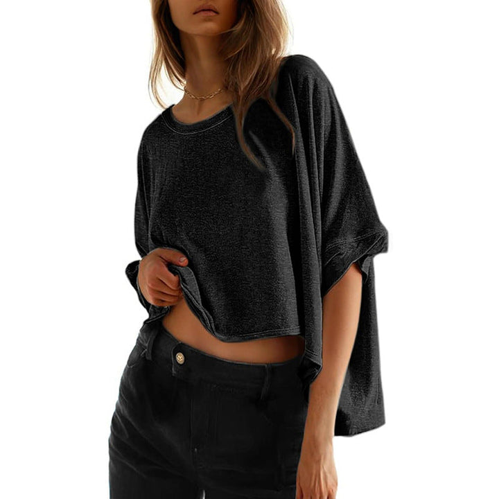 Damen lässiges cropped Oberteil mit weiten Ärmeln und Rundhalsausschnitt W&W Mode