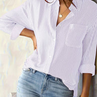 Damen gestreifte Bluse mit lockerer Passform und praktischer Brusttasche WW
